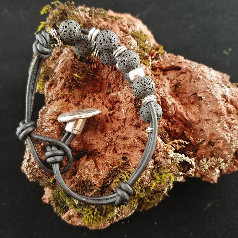 Leather Bracelet with Button Clasp and 8mm Lava Stones image 2