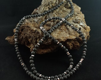 Long Lava Necklace with Hematite and Lava Beads - Can Be Double Wrapped
