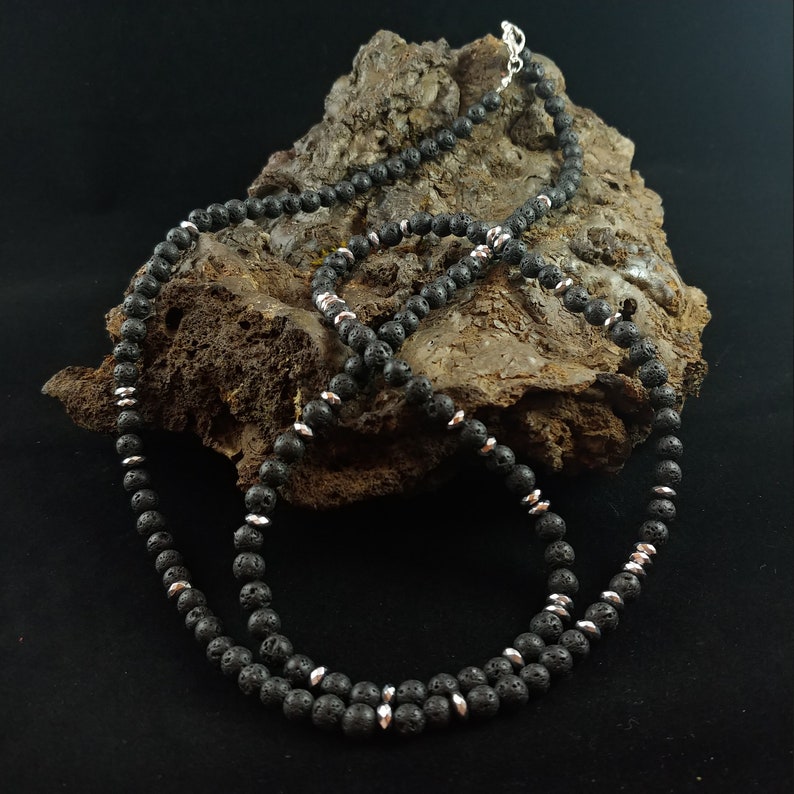 Long Lava Necklace with Hematite and Lava Beads Can Be Double Wrapped image 1
