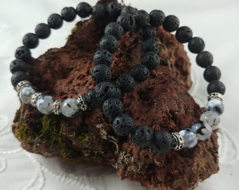 Earth Bracelet - Lava Rock Bracelet with Grey Agate Stones - Handmade In Iceland