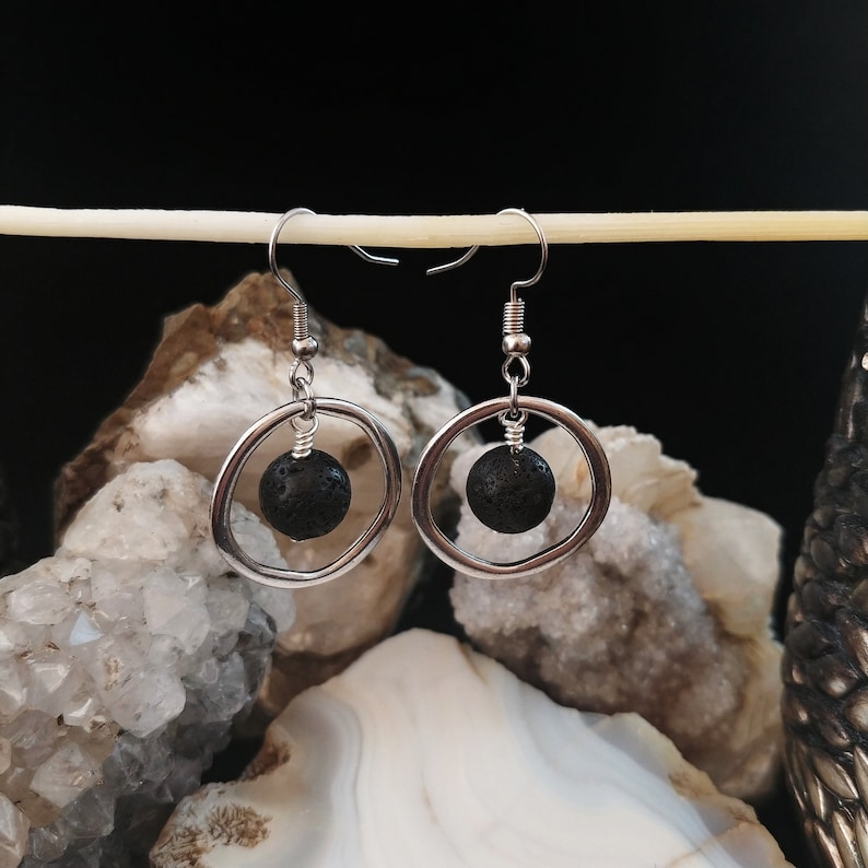 Silver Circle Earrings with Lava Rock image 4
