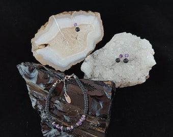 Amethyst Lava Jewelry Set - 925 Sterling Silver Lava Jewelry - Bracelet, Necklace and Earrings