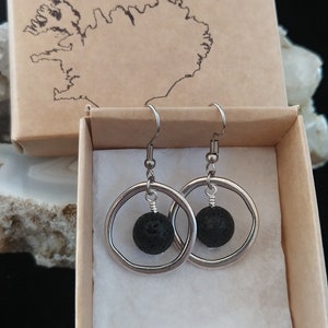 Silver Circle Earrings with Lava Rock image 2