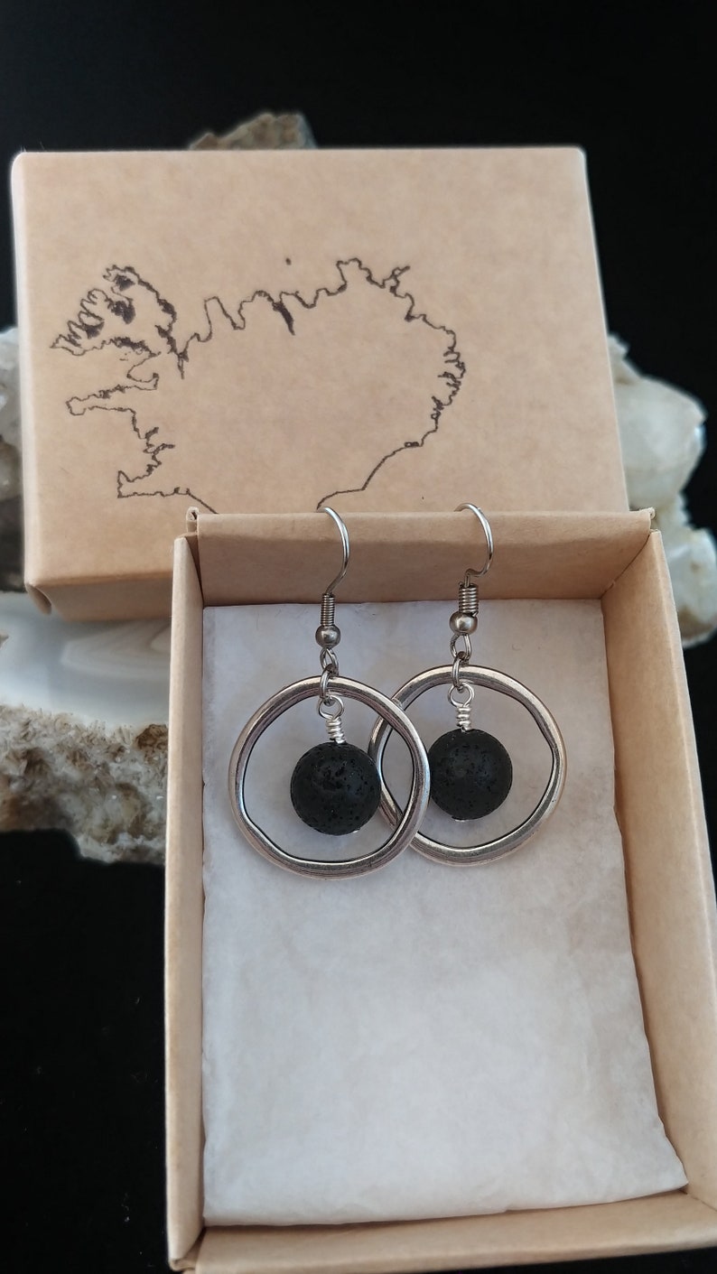 Silver Circle Earrings with Lava Rock image 2