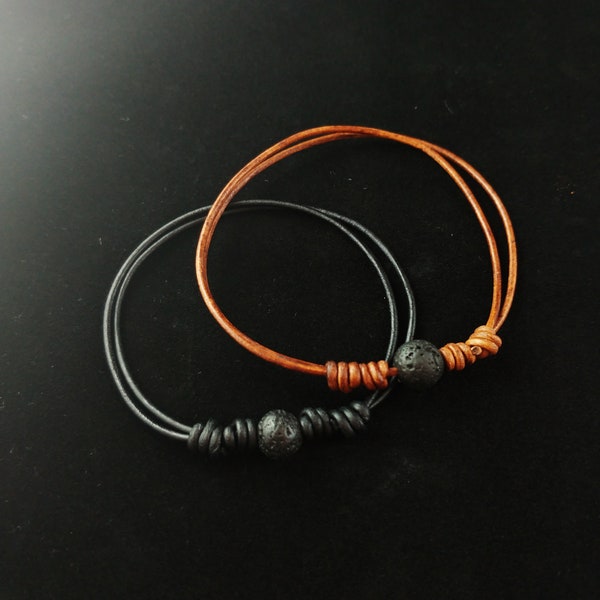 Black and Brown Leather Bracelets with Lava Rock