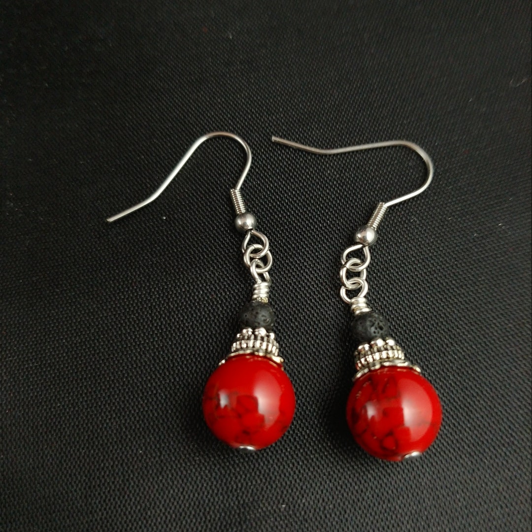 Volcano Lava Earrings With 4mm Lava and Red Magma Turquoise Beads ...