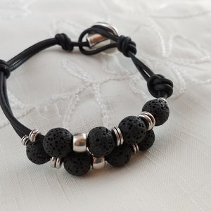 Leather Bracelet with Button Clasp and 8mm Lava Stones image 4