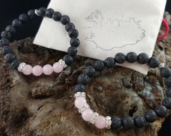 Handmade Lava Bracelet with Rose Quartz Beads and Rhinestone Spacers