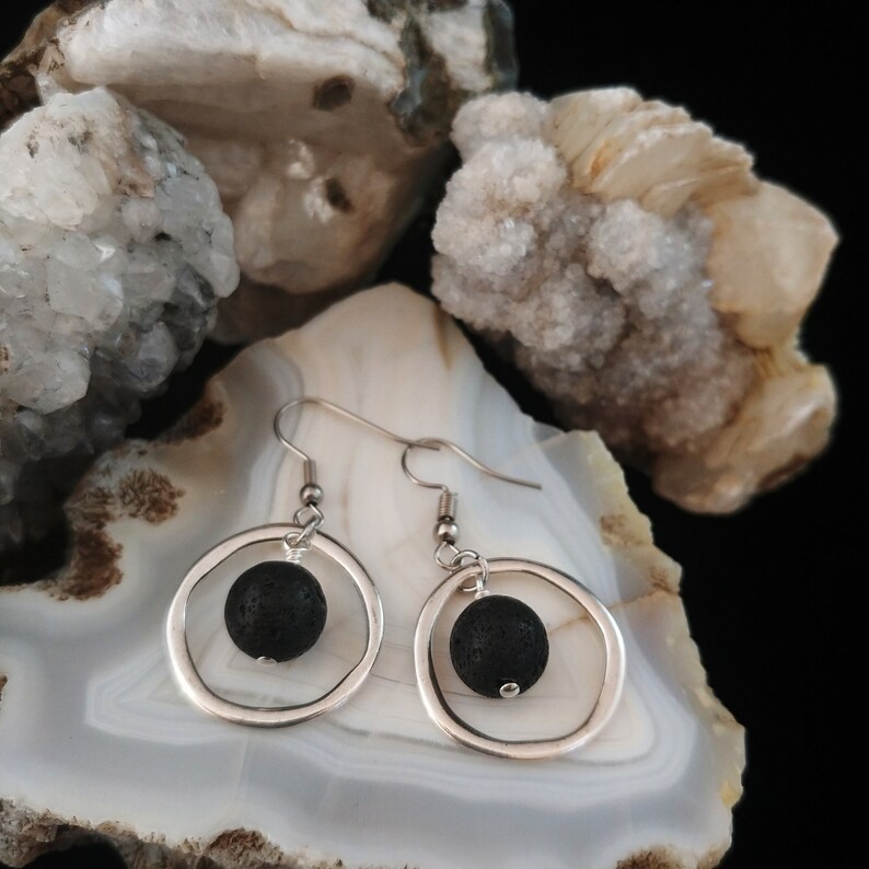 Silver Circle Earrings with Lava Rock image 3