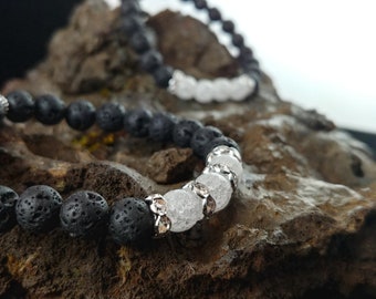 Ice Bracelet - Handmade Lava Bracelet with Crackle Crystal Beads and Rhinestone Spacers - Handmade In Iceland