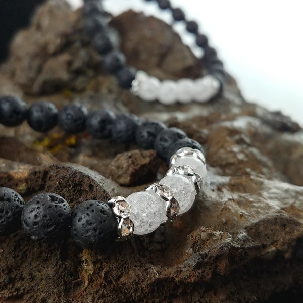 Ice Bracelet - Handmade Lava Bracelet with Crackle Crystal Beads and Rhinestone Spacers - Handmade In Iceland