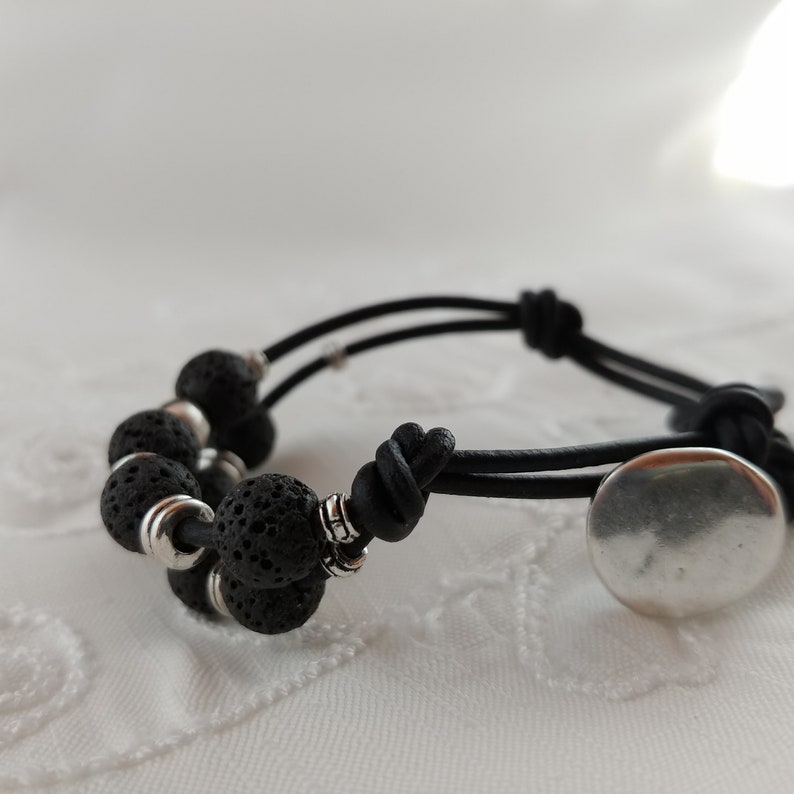 Leather Bracelet with Button Clasp and 8mm Lava Stones image 3