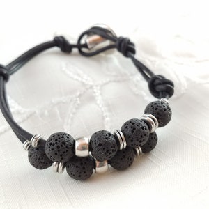 Leather Bracelet with Button Clasp and 8mm Lava Stones image 1