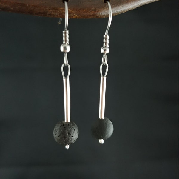 Polished Icelandic Lava Rock Earring with Silver Plated Tube Spacer