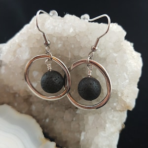 Silver Circle Earrings with Lava Rock image 1