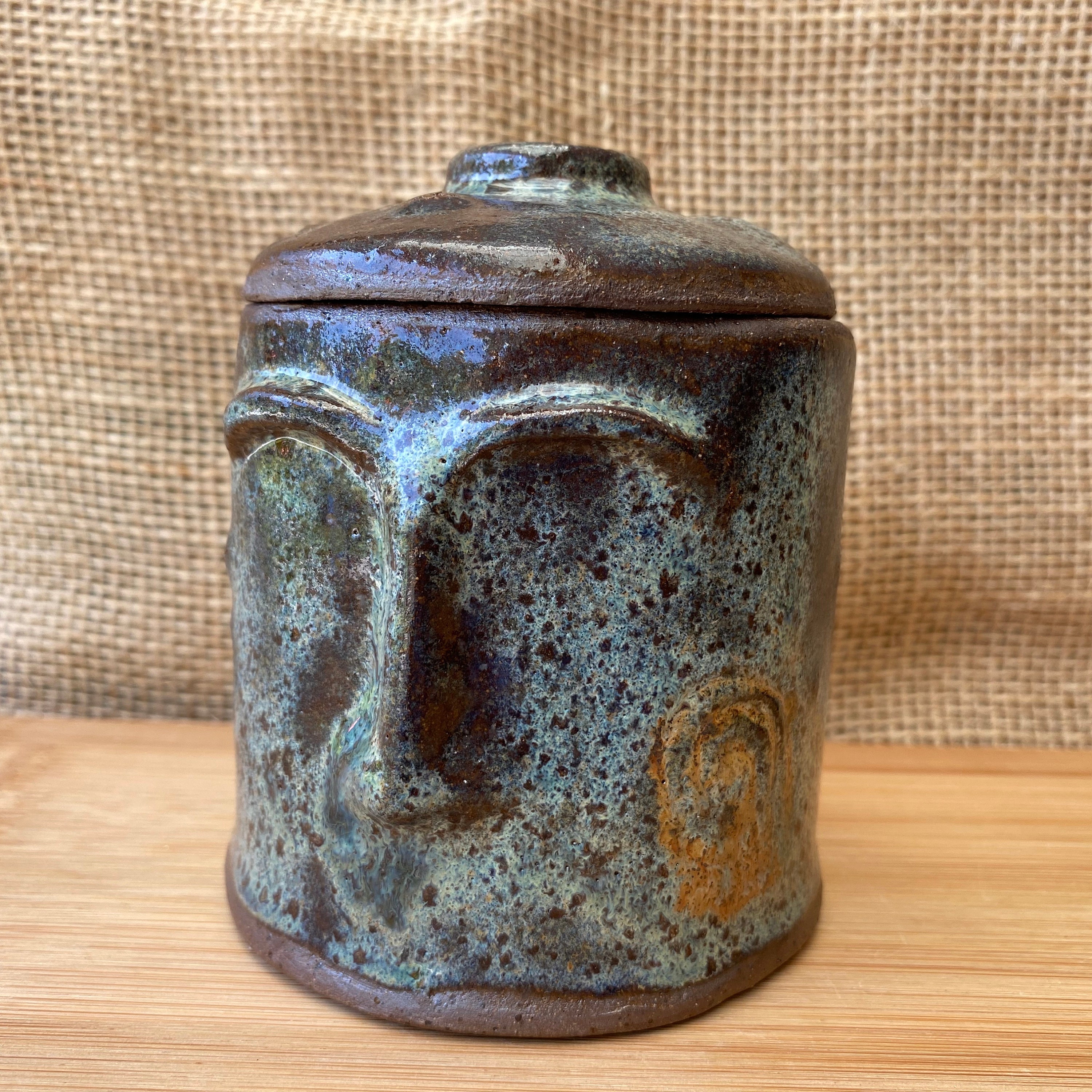 Ceramic Face Pot with Lid, ‘Rock Face BCE’