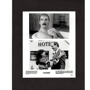 May include: A black and white photo of a scene from the movie "Clockwise". The top half of the photo shows John Cleese in a bathtub, and the bottom half shows John Cleese and Penelope Wilton standing in front of a hotel.