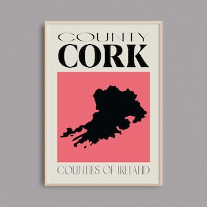 Carte du comté de Cork | Carte imprimée Irlande | Comtés d’Irlande | Cadeaux Irlande | Carte irlandaise | Affiche de voyage en Irlande | Art mural Cork
