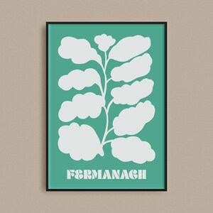 Puede incluir: Un póster verde azulado con un diseño de planta estilizado en blanco y el texto "FERMANAGH" en blanco.