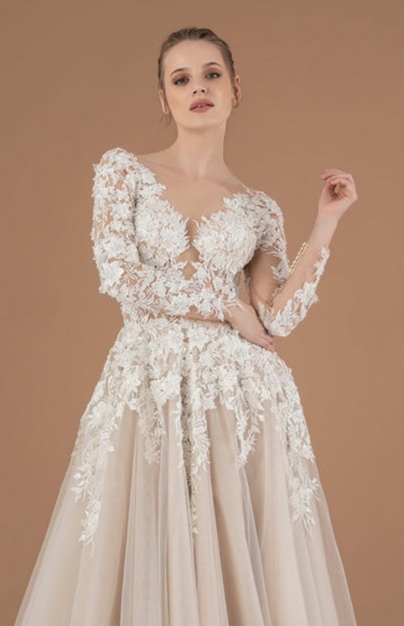 champagne long sleeve wedding dress