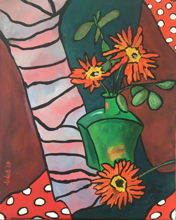 Vivid Gerbera Color Wall Art Rich Color Painting With Green Bottle Floral Gorgeous Wall Decor Bright Modern Still Life For Living Room Art Collectibles Painting Dalasmaker Se