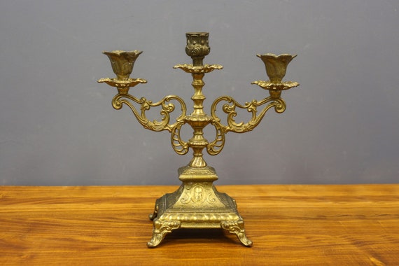 Vintage Victorian Bronze Candle Holder, Brass Ornate Three Arms Candlestick,  Baroque Bronze Candelabra, Church Three-armed Candle Holder. 