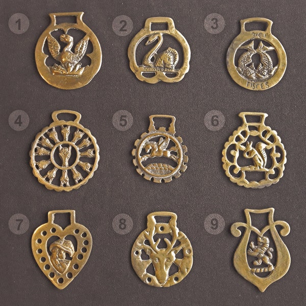 Vintage Horse Brass Medallions. Different Species - Eagle, Squirrel, Cat, Phoenix. English Unique gift for the Home. Small Brass Horse Decor