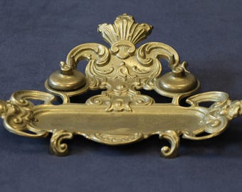 Baroque Brass Double Inkwell with Cherubs, Victorian Pen Rest