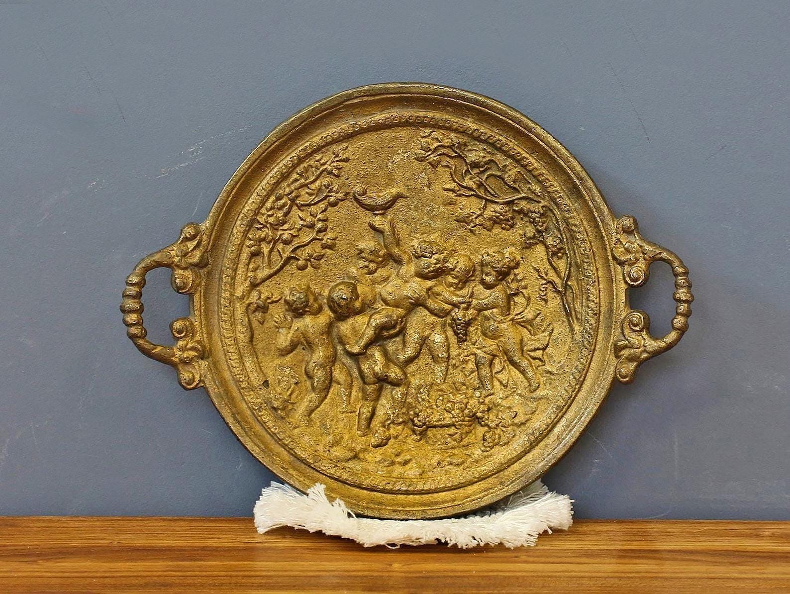Ancient Bronze Plate With Angel Lauchhammer Relief, Bacchus Feast display wall plate 1890, Heavy Cherub Brass Bowl, Brass Angel Serving Tray