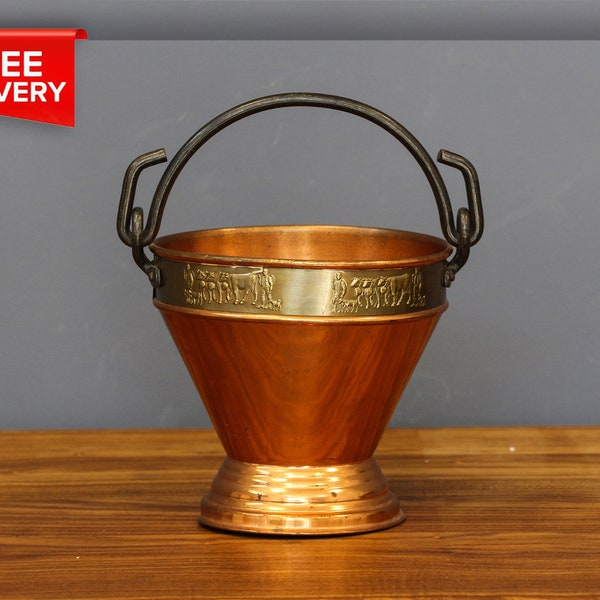 Antique Copper Bucket for Milk, Ornate Copper Planter, Swiss Alp Rose Copper Jardiniere, Plant Pot Indoor Decor, Outdoor Gardening Cauldron.