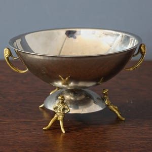Gold Plated Bowl with Feet, Mirror Fruit Bowl with Handles, Small Tray With feet-men, Round Centerpiece Candy Dish, Repousse Gilded Bowl. image 1