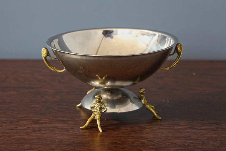 Gold Plated Bowl with Feet, Mirror Fruit Bowl with Handles, Small Tray With feet-men, Round Centerpiece Candy Dish, Repousse Gilded Bowl. image 1