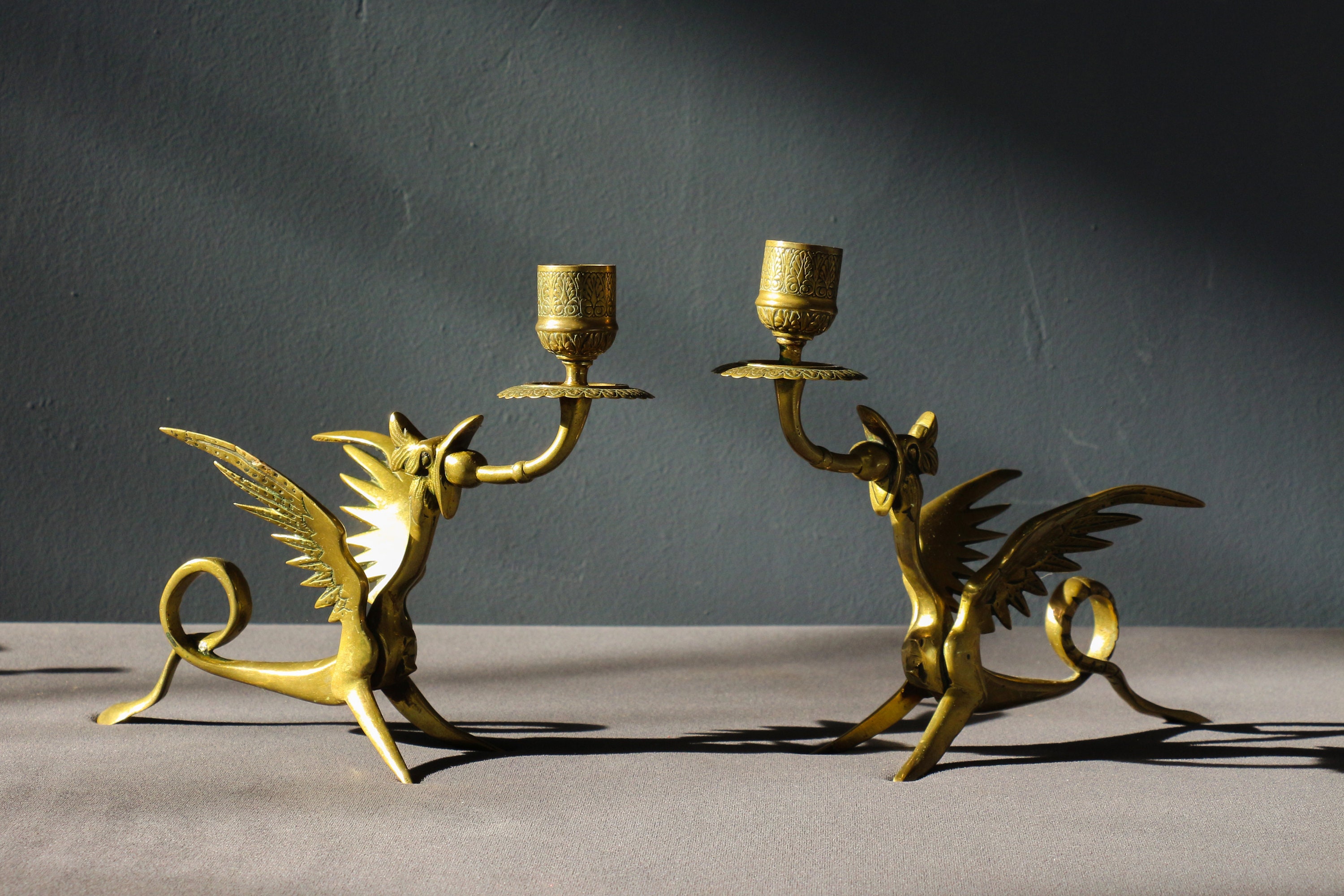Antique Brass Griffin Candle Holder w/ Snuffer - Oddities For Sale