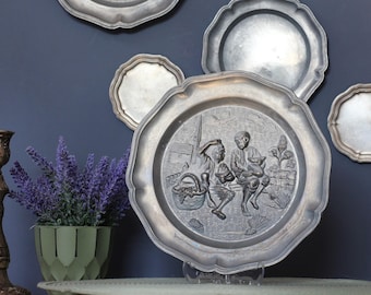 Vintage Frieling-Zinn Pewter wall Plate with country scene / Angel Mark Collector Plate