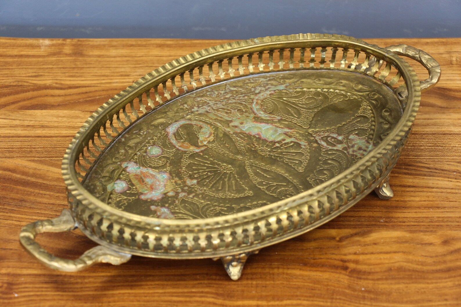 Brass Engraved Arabic Tray With Handles Islamic Etched Footed Etsy