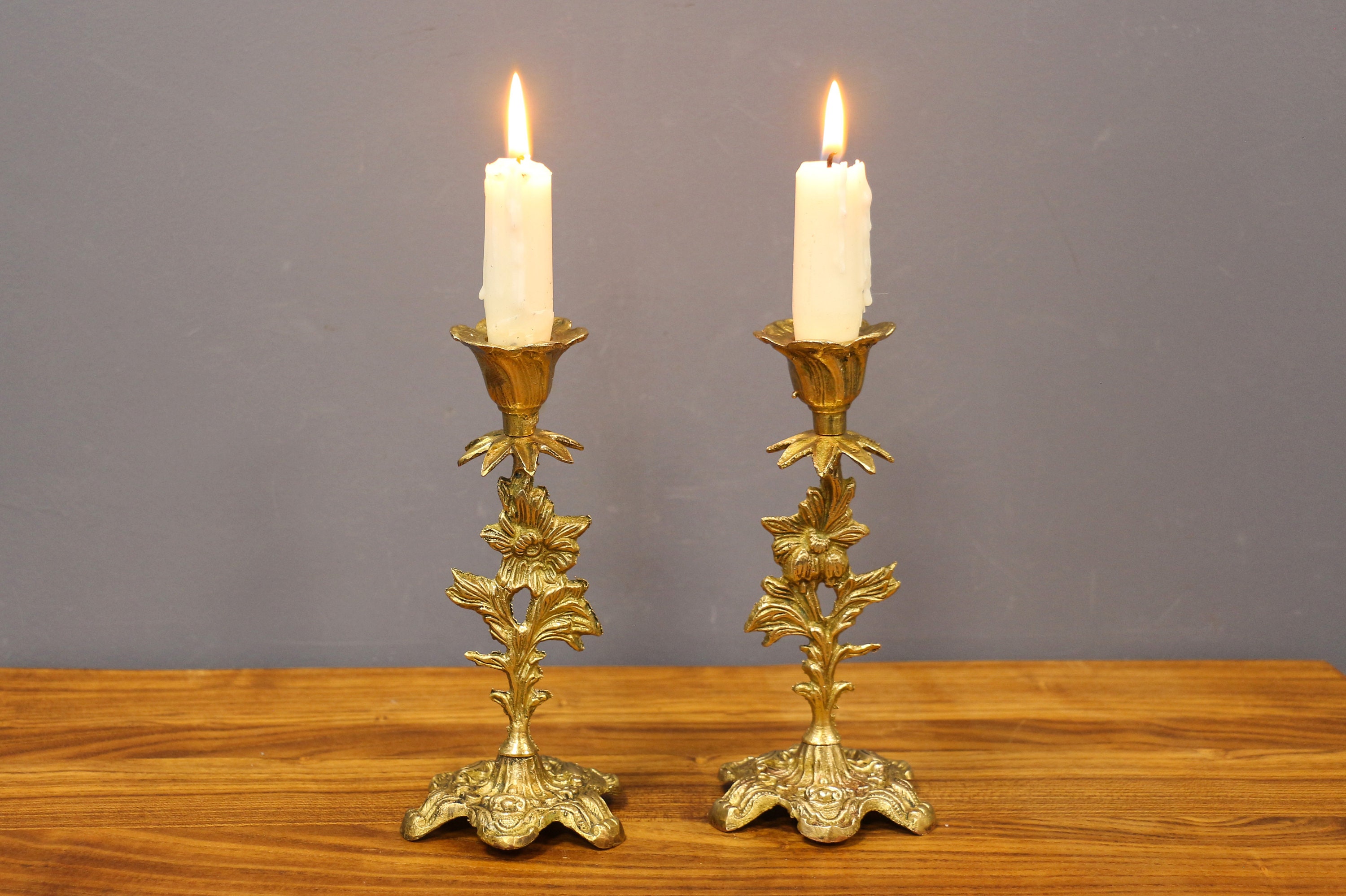 Antique Brass Ornate Pair Candlesticks, Art Nouveau French Candelabras,  Embossed Leaf Two Candle Holders, Brass Small Elegant Candlesticks. 