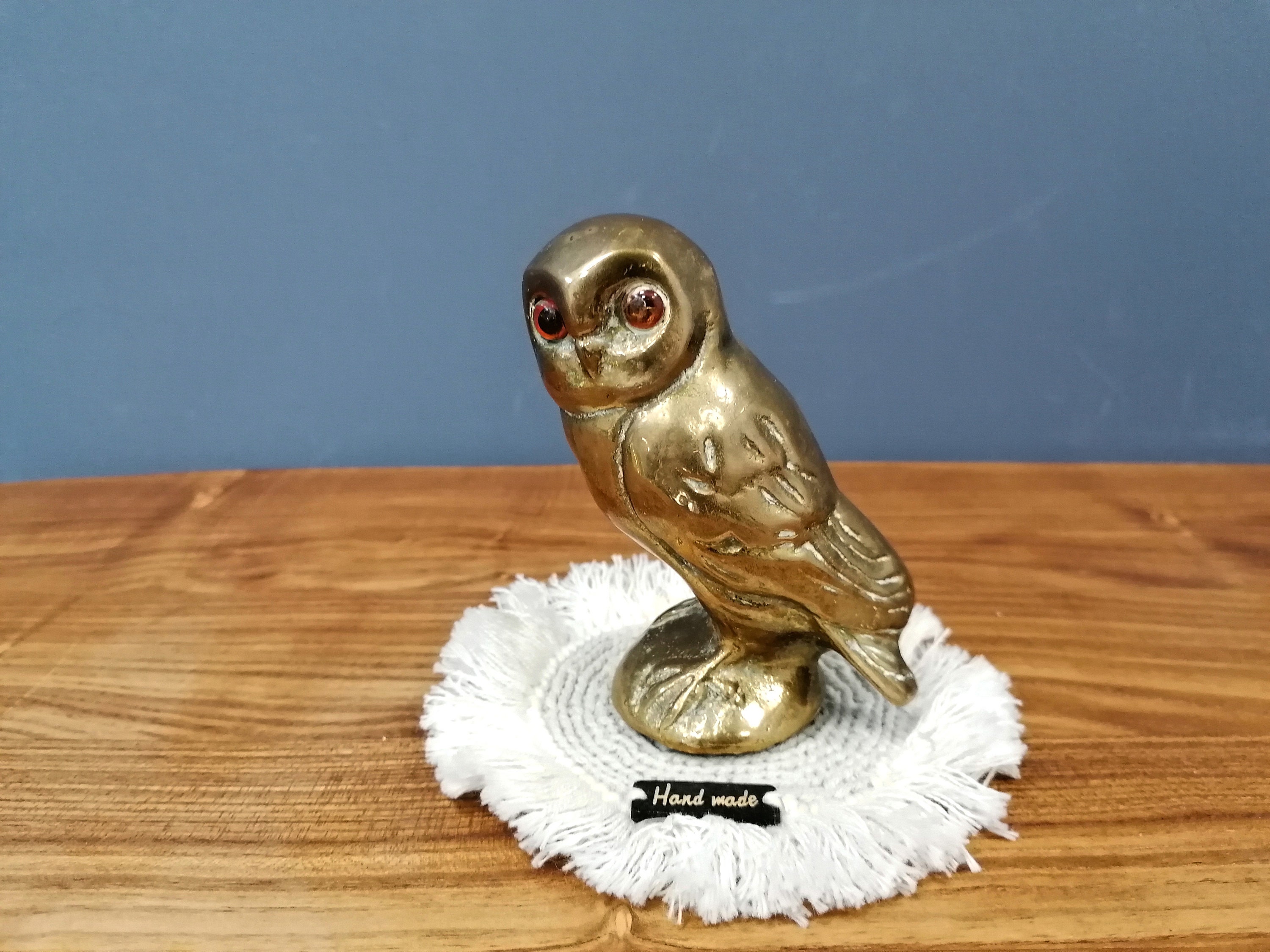 Brass Owl Figurine With Orange Eyes, Collectable Owl Figurine Paperweight,  Smart Decorative Owl, Solid Brass Wise Owl Sculpture. 