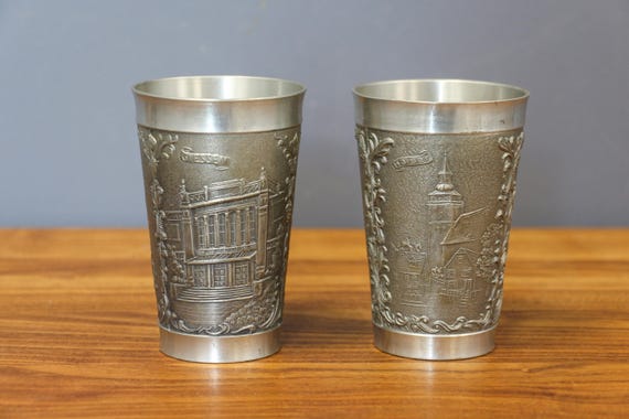【おまけ付】 Embossed Zinn Rein Antique Pewter Pewter Two Cups, 工芸品