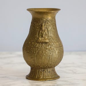 Antique Brass Lakshmi Vishnu Pooja Pot, Embossed Asian Vase