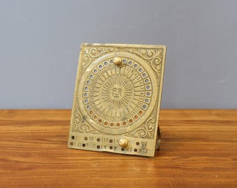 PERPETUAL CALENDAR solid BRASS Sun Motif, 30s Antique Vintage Decoration Astrology Magic. Home Office Centerpiece Accent.