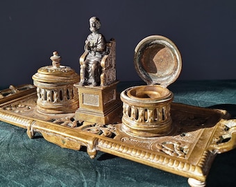 Victorian Brass Double Inkwell, St Peter Statue, Pen Rest Desk Tidy