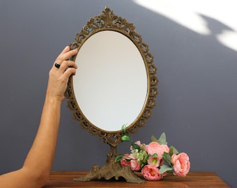 Vintage French Bronze Swivel Vanity Mirror, Ornate Boudoir Decor