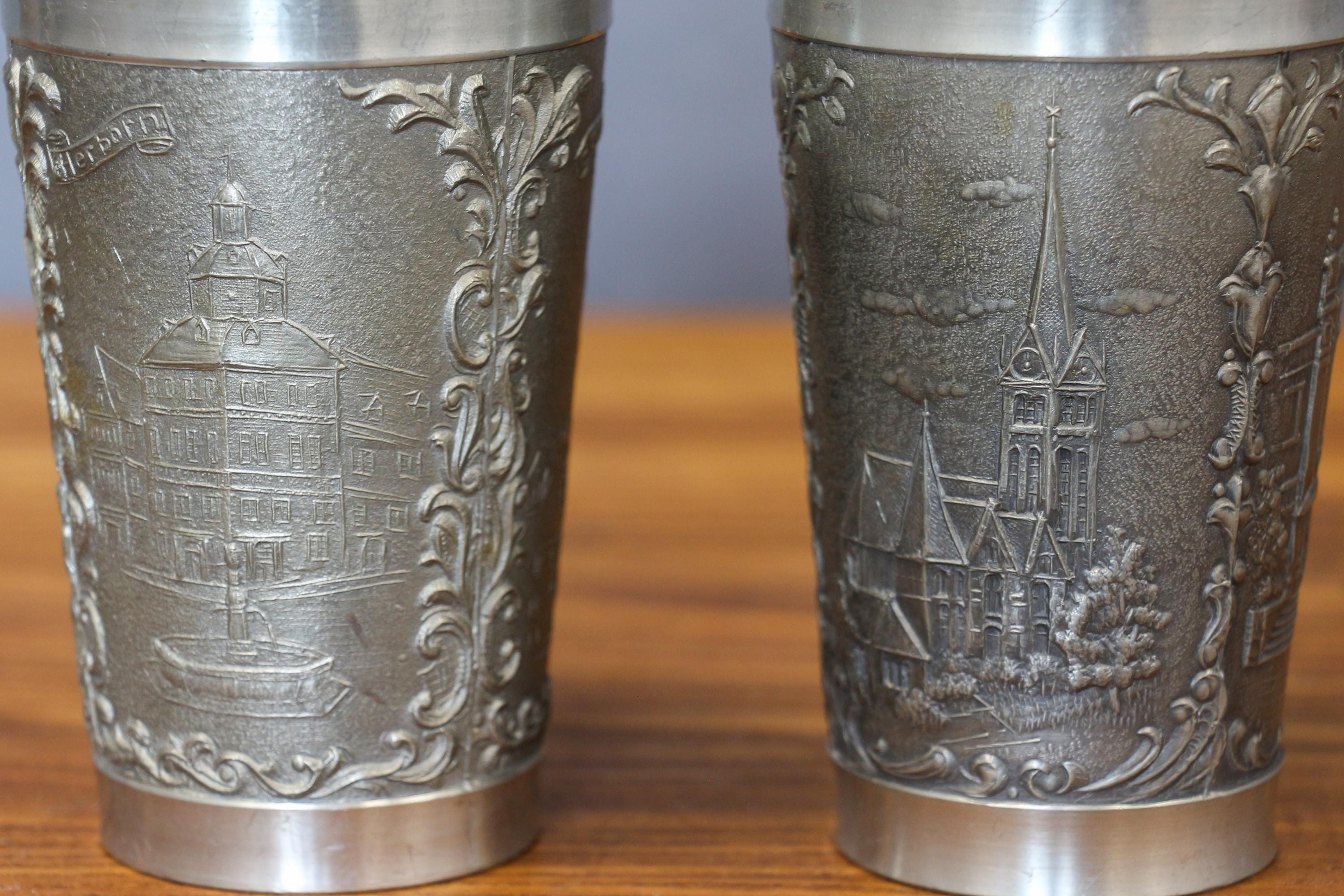 Antique Rein Zinn Embossed Pewter Cups, Two Pewter
