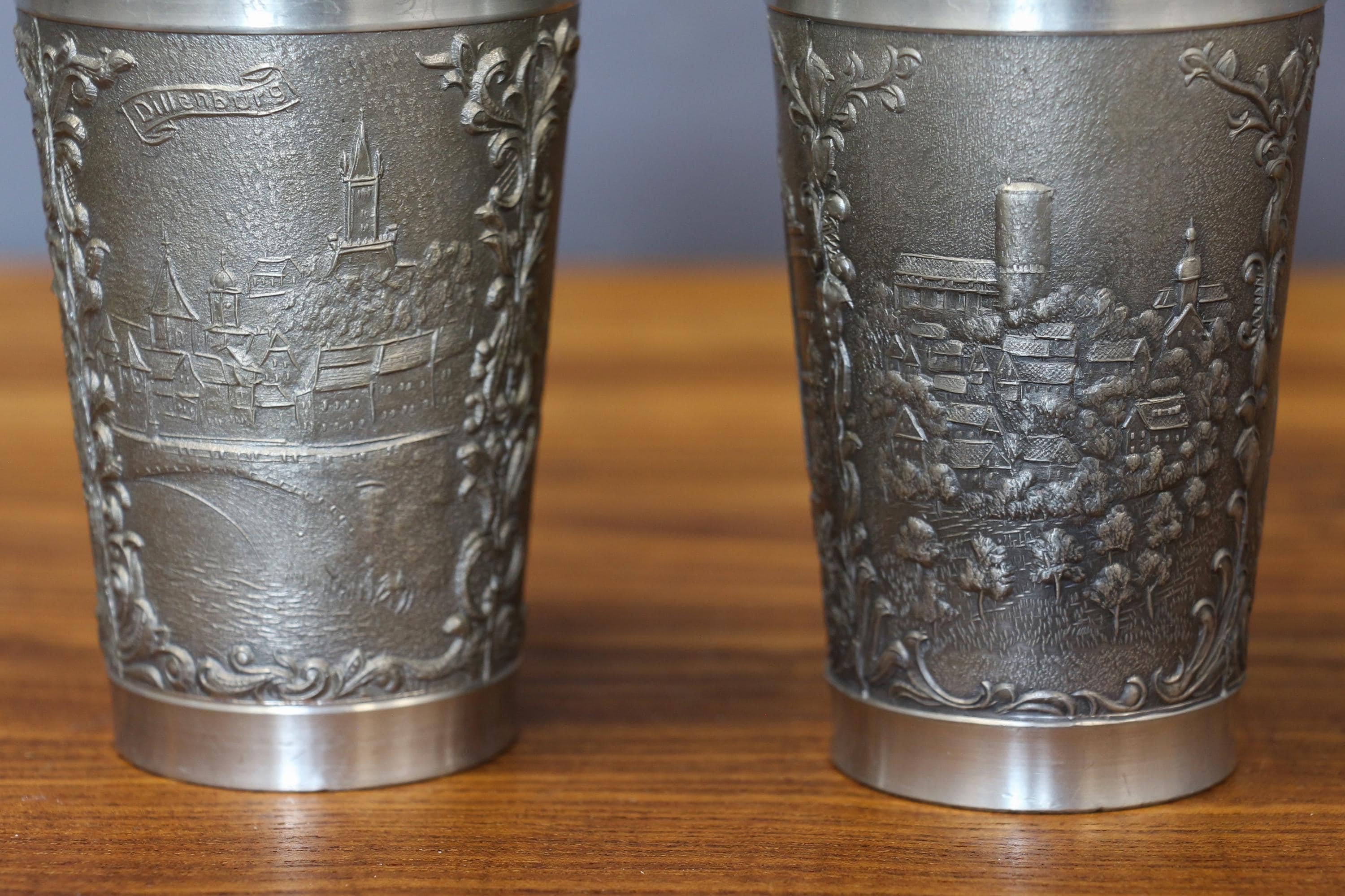 Antique Rein Zinn Embossed Pewter Cups, Two Pewter Collectible