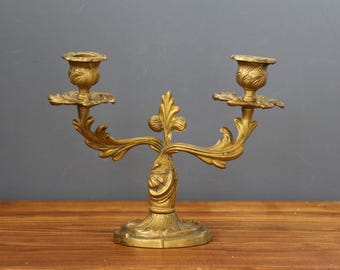 Antique French Art Nouveau Brass Candle Holder.  Vintage, elegant Ormolu candle holder. Baroque two-armed bronze candlestick.