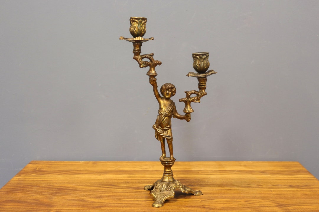 Brass Candle Holder With Cherub and Two Arms. Vintage Brass Etsy