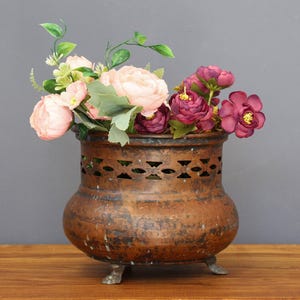 Vintage Brass Footed Planter with Holes Design, Dutch Cauldron