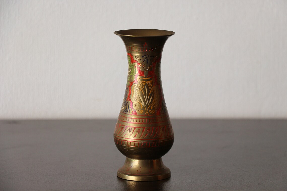 Vintage Brass Engraved Vase. Handmade Etched Brass Copper Etsy