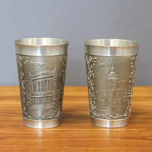 Antique Rein Zinn Embossed Pewter Cups, Two Pewter Collectible German Glasses, Tin Wine Goblets, Vintage Etain Barware, Pewter Cups.