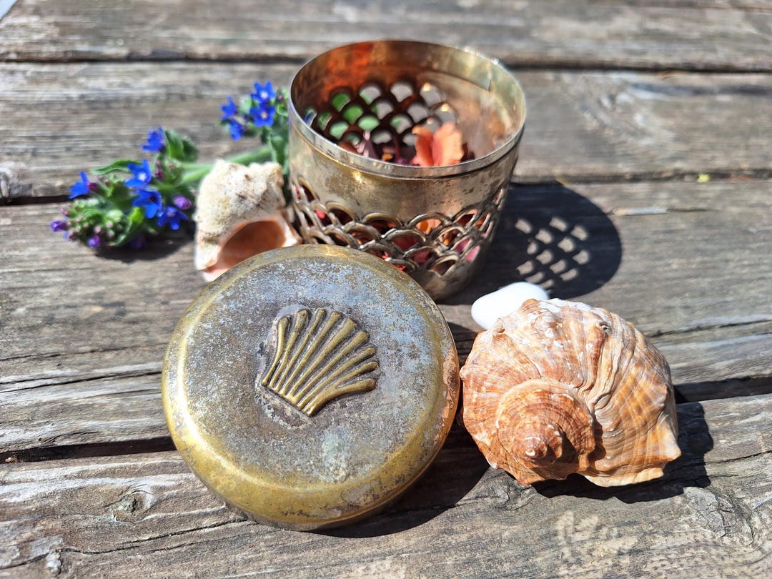 Shell Lids Vintage Brass Canister With Shell Lid, Brass Potpourri Holder With ...